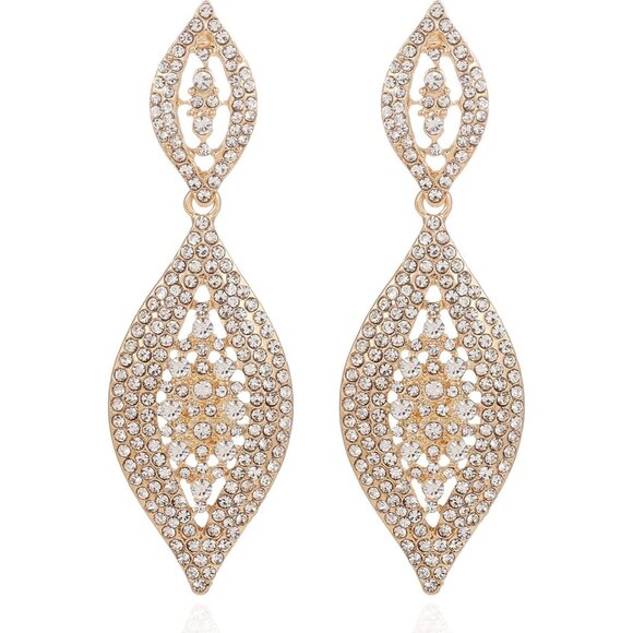 Jewelry - Women's Champagne Rhinestone Crystal Long Leaf Dangle Chandelier Earrings